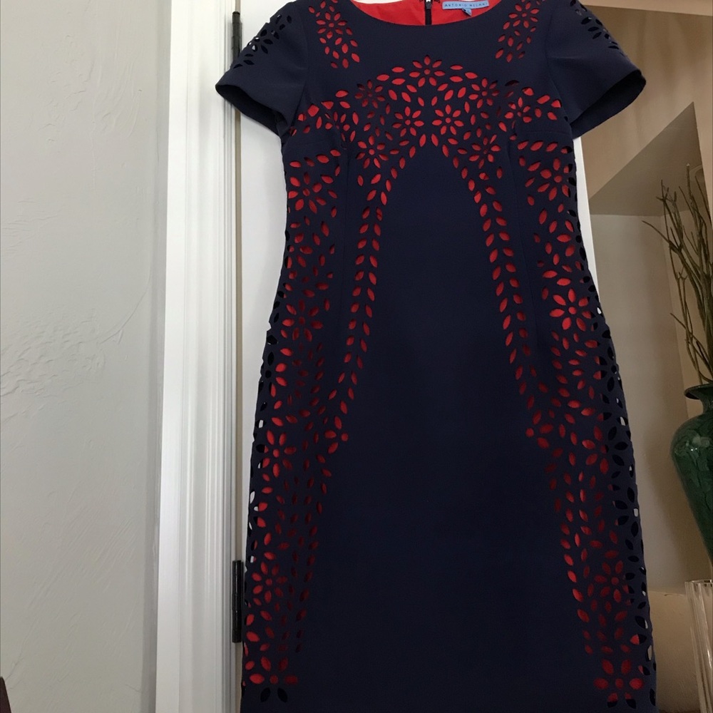 ANTONIO MELANI Navy and Red Midi Dress